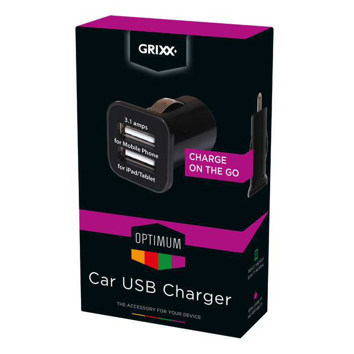 produkt-foto van 'Grixx Optimum USB oplader - 2x USB, 2,1a, via sigaretten-aansluiting (auto)'