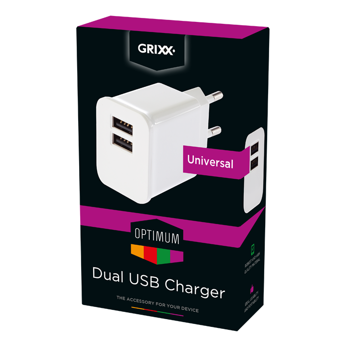 produkt-foto van 'Grixx Optimum USB oplader - 2x USB, wit, adaptor via 220v'