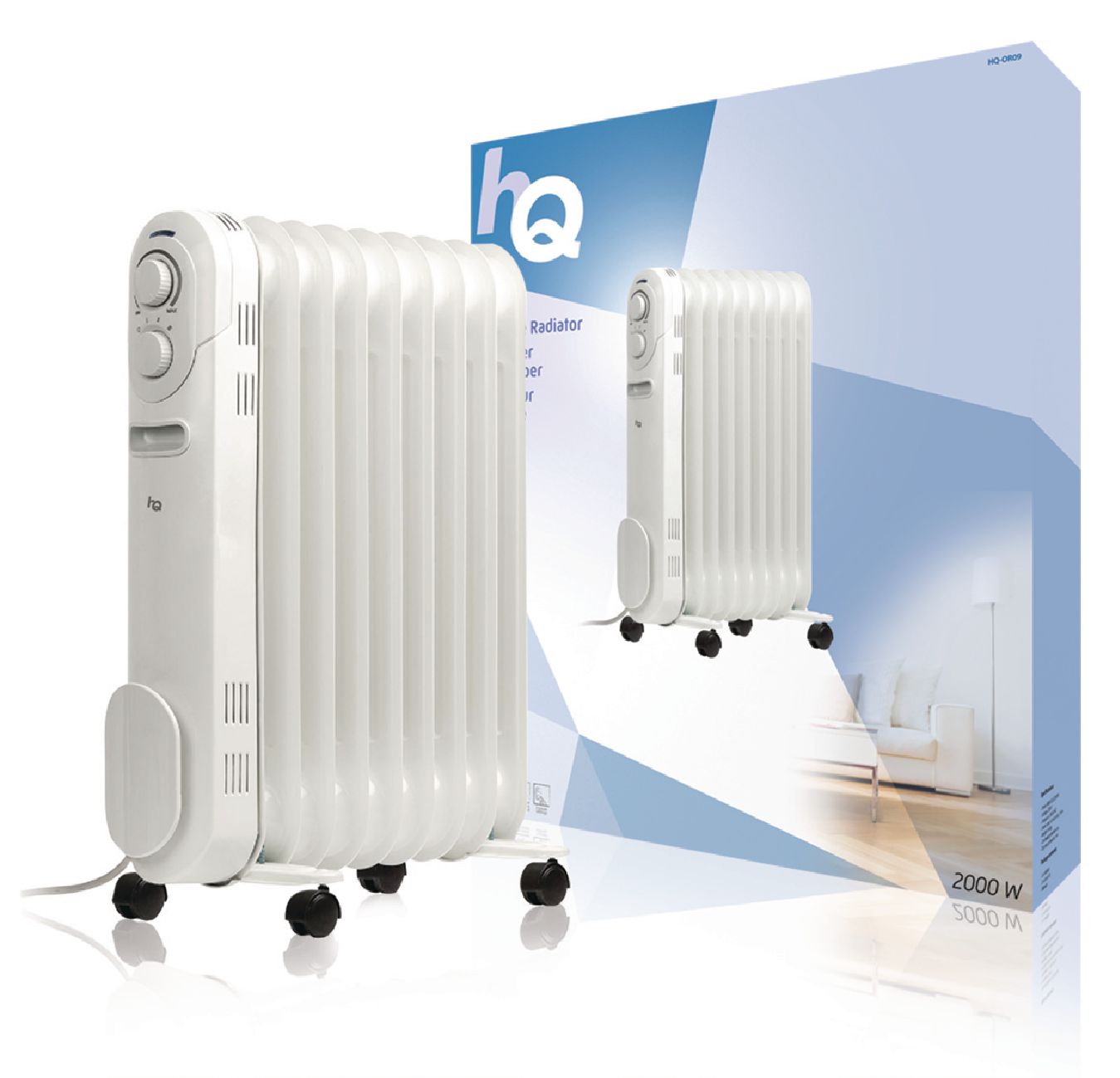 produkt-foto van 'HQ mobiele radiator, vermogen 2000 W, 9 ribben, olie-gevuld'